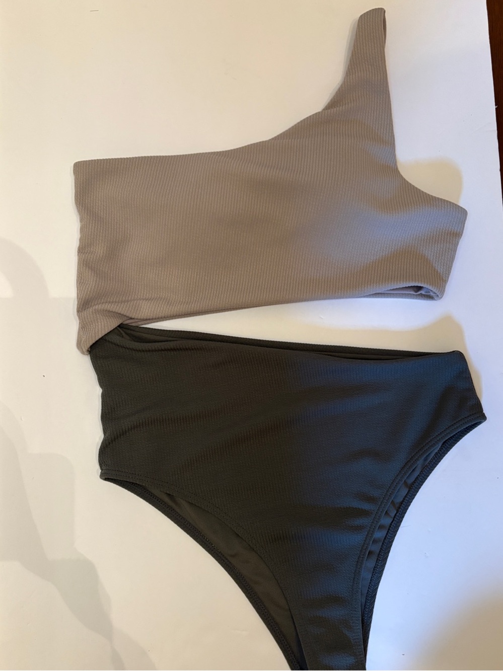 Two-Tone Asymmetric Ribbed One Piece Bikini - Taupe & Green